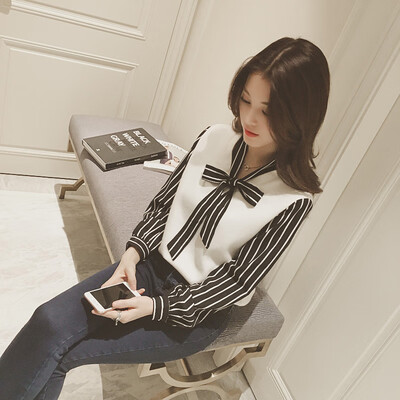 

Women Casual Bow Tie Shirt Long Sleeve Blouse Ladies Office OL Work Stripe Tops