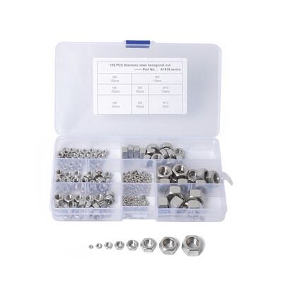 

185PCSSet M2-M12 Stainless Steel Self-locking Nut Lock Nut Locknut Slip Nylon Hex Nut Assortment Kit