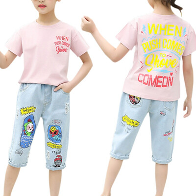 

Summer Baby Girls Casual Fashion Short Sleeve Letter Print T-shirt TopsDenim Shorts Suits Costume Set