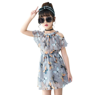 

Summer Casual Baby Girls Flare Sleeve Off-shoulder Butterfly Print Dress Kids Toddler Pageant Sundress