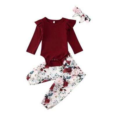 

3PCS Newborn Baby Girl Kid Tops Romper Floral Pants Headband Outfits Set Clothes