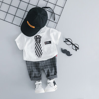 

Children Kids Boys Clothing Set Summer Cartoon Tie Short Sleeve T-shirt Lapel Collar Casual Tops Shorts Set