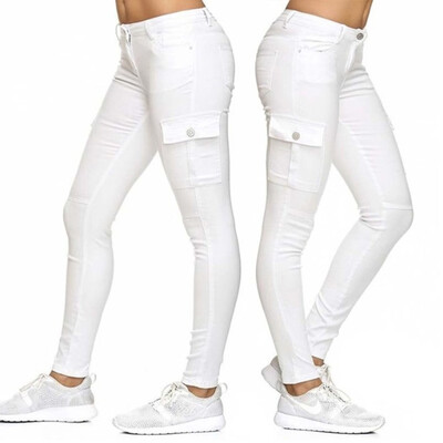 

Gobestart Womens High Waist Solid Jeans Button Side stand Pockets Trouser Pencil Pants