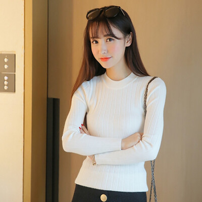 

Women Autumn Winter Solid Color Slim Sweater Long-Sleeved Cotton Round Collar Slim Bottom Sweater