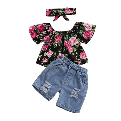 

Baby Girls Off-shoulder Floral Print Tops BlouseDenim Shorts Suits with Headband Casual Outfits Sets