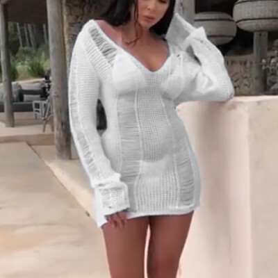 

Tailored Womens Autumn Solid Long Sleeve V Neck Hollow Knit Dress Casual Mini Dress