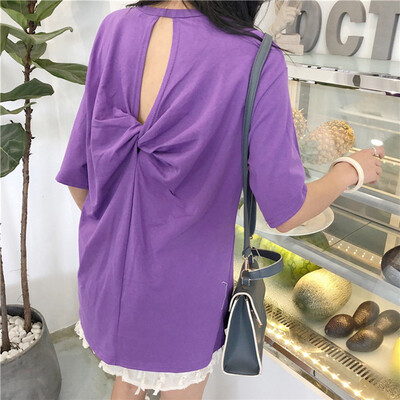 

Sexy Backless Personality Loose Short-sleeved Solid T-shirt For Women Round Neck Hollow Out Summer T-shirts Trend Tops