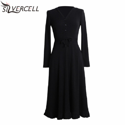 

Autumn New Women Dress Solid Color Ruffled High Waist Dresses Elegant Korean Style V-neck Long Sleeve Ladies Dress
