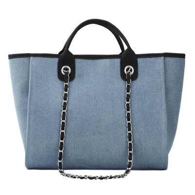 

Simple Solid Color Large Capacity Tote Pouch Women Chain Zip Shoulder Canvas Bag