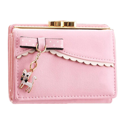 

Cute Bowknot Cartoon Cat Pendant Trifold Short Wallet Coin Purse Card Holder Bag