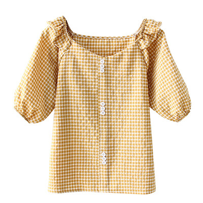 

V Neck Womens Shirt Short Sleeve Plaid Casual Blusa Feminina Sweet Cotton Female Ruffles Blouse Tops blusas mujer de moda 2019