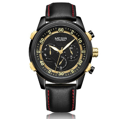 

MEGIR Fashion Genuine Leather Men Sport Watch 3ATM Water-resistant Quartz Luminous Wristwatch Man Relogio Musculino Chronograph