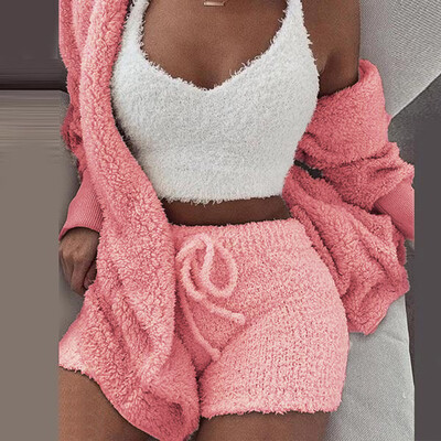 

Toponeto Womens Winter Plush Casual Sportswear Solid Long Sleeves 2 Piece Set