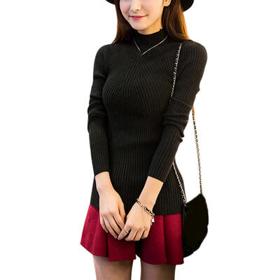 

Solid Color Sweater High Neck Knitted Jumper Women Long Sleeve Slim Tops