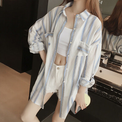 

Women Casual Striped Printed Pockets Cotton And Linen Long Blouse Shirt Turn-Down Collar Womens Blouse Full Sleeves Tops Female