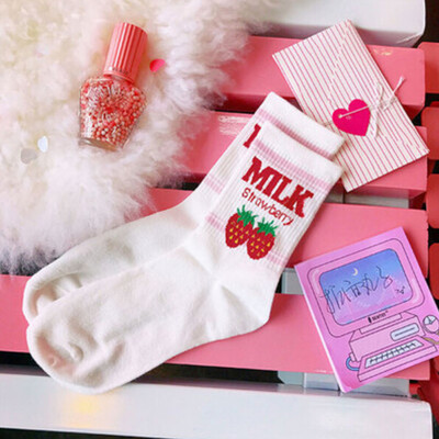 

Fashionable Cotton Socks Cute Letter Strawberry Print Crew Socks All Seasons Socks