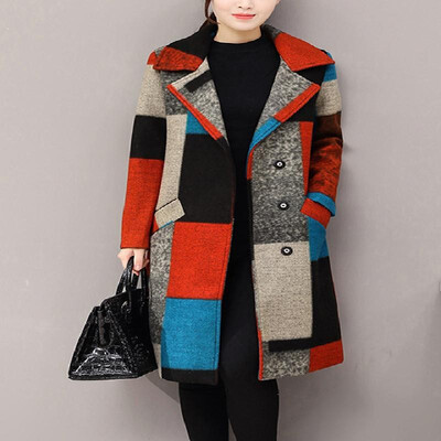 

Contrast Color Block Long Sleeves Dual Pockets Lapel Stud Tube Coat