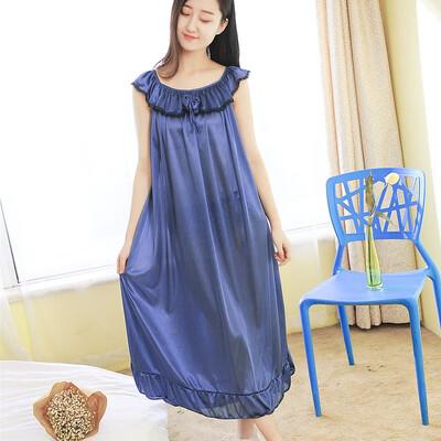

Sexy Ice Slik Lace Sleepwear Skirt Sleeveless Temperament O-neck Ten Color Sleep Long Skirt Nightgown