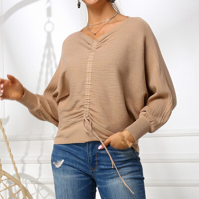 

Gobestart Women Office Lady Pullover Knitted Solid Color Long Sleeve V-Neck Sweater