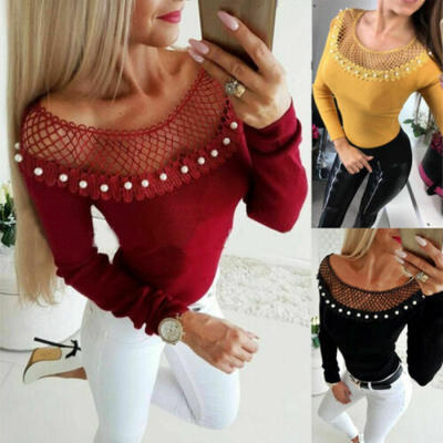 

Womens Sexy Hollow Pearl Long Sleeve Tops Ladies Casual Slim Blouse T-shirt