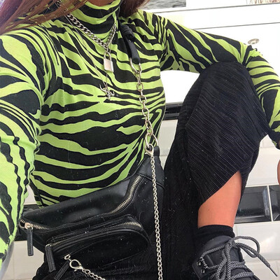 

Tight-Fitting Long-Sleeved Shirt Female High-Collar Zebra Pattern Design Style Personality Europe And America Hot Green