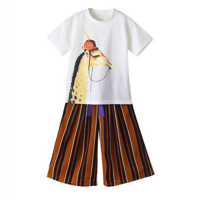 

girls clothes Summer baby clothes Cartoon Print T-shirt Tops Striped Pants Trousers Casual Outfits