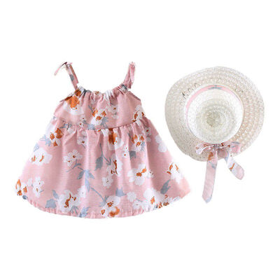 

Fashion Summer Girl Flowers Straw HatBow Strap Princess Dress Children Dress Girls Clothes Set 1-4T L1