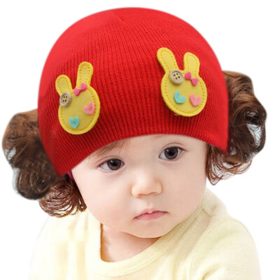 

Autumn Winter Baby Girl Hat With Wig Kids Toddler Infant colorful Cute Knitted BeaniesHat