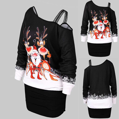 

Gobestart Women Leaking Shoulder Christmas Print Bodycon Dress Ladies Party Dress