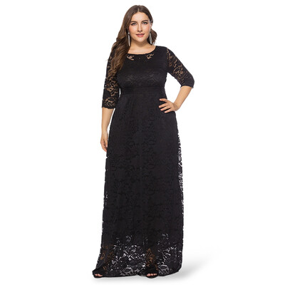 

Round Collar 34 Sleeve Lace Crochet Plus Size Pocket Women Maxi Dress