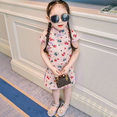 

Chinese Cheongsam Princess Dress Baby Summer Girls Dress For kids Clothes Sleeveless Cotton Print Flowers Princess Cute Sweet D