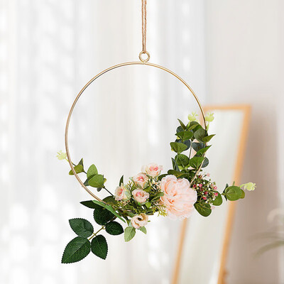 

Novelty Home Kitchen Wall Art Decoration Floral Gold Metal Geometric Hoop Wreath Artificial Flower Garland Hanging Pendant Decor