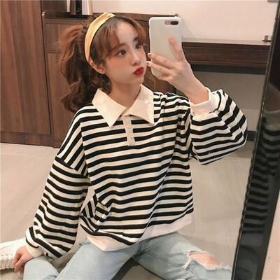 

Autumn Thin Section Wild Loose Lazy styple Color Stripes Polo Collar Clothes Women