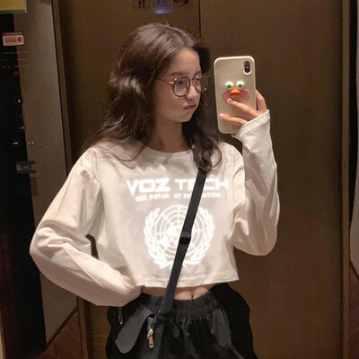 

Women Round Collar Exposed Navel Letter Print Long Sleeved Casual Shirt Wild Tops