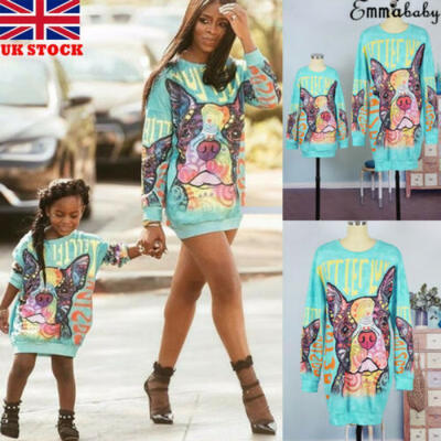 

UK Mother Daughter Matching Dresses Women Girls Short Mini Dress T Shirt Dress
