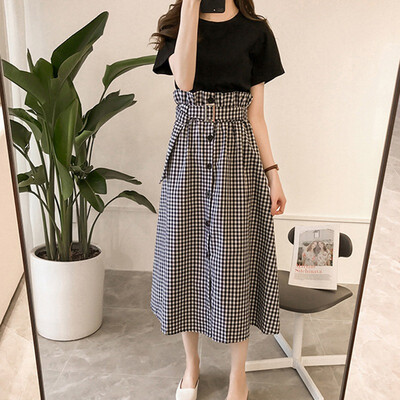 

Plus Size Summer Womens Set Fashion Plaid Sashes Skirt Casual TShirt High Waist Slim Skirt Women Crop Top