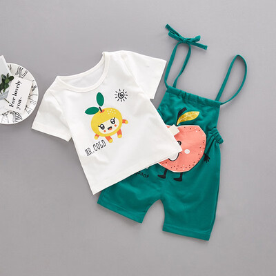 

Children Summer Boys Girls Clothing Set Cartoon Apple Print Short Sleeve Round Collar Casual T-shirtBib Pants