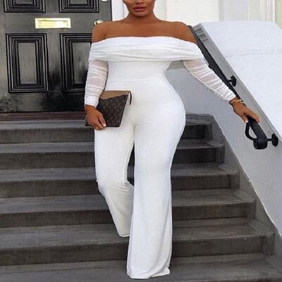 

Stretch Solid Off-the-Shoulder Pleated Sag Flare Maxi Jumpsuit