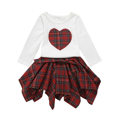

Autumn Baby Girl Set Long Sleeve Plaid Heart Print Cotton Blouse Tops Short Irregular Plaid Skirts Casual Outfits Set