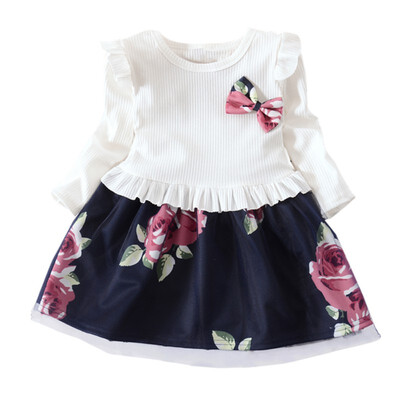 

2019 Autumn Spring Kids Children Baby Girls Long Sleeve Dresses Casual Flower Infant Cute Patchwork Pageant Sundress New 2019