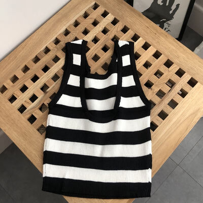 

Ladies Vintage Contrast Round Neck Sleeveless Top Stripe Ribbed Summer Knit Ms Mini Vest Summer