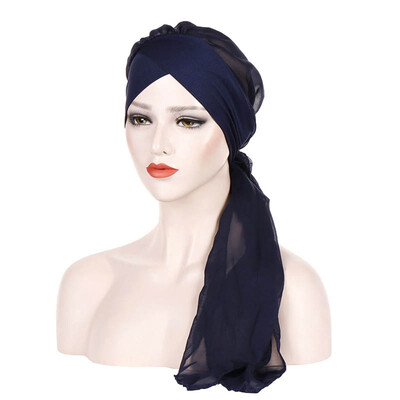 

Summer Pure Color Muslim Bonnet Hijab Forehead Cross Chiffon Long Tail Turban Hat Chemo Cap Head Scarf