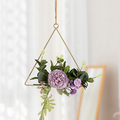 

Novelty Home Kitchen Wall Art Decoration Floral Gold Metal Geometric Hoop Wreath Artificial Flower Garland Hanging Pendant Decor