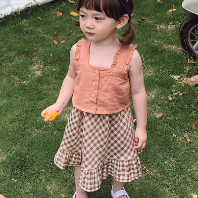 2Pcs Plaid Toddler Kids Girls Summer Outfits Clothes Vest TopsPlaid Skirt Outfits Set Fashion Clothing