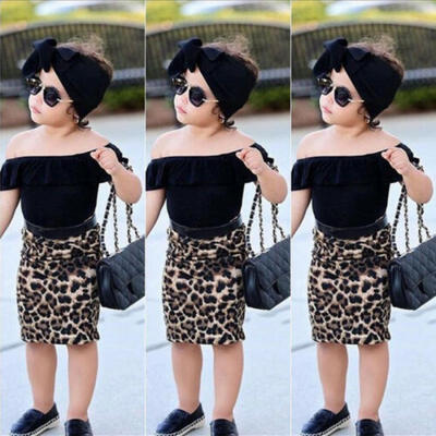 

Toddler Kids Baby Girl Off Shoulder Tops Leopard Sheath Dress Skirt Clothes 1-6Y