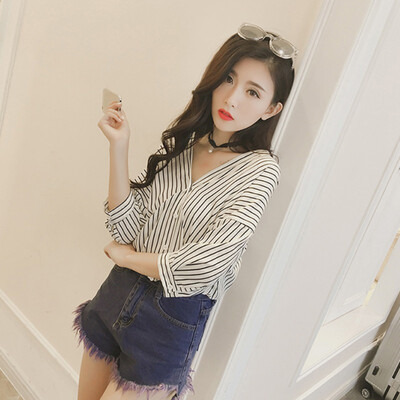 

Korean Fashion Thin Vertical Stripes V-neck Womens Shirt Office Lady Casual Womens Tops And Blouses Three Quarter Blouse Female