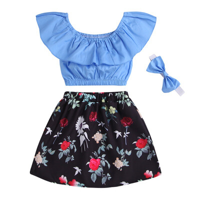 

Baby girl clothes set summer new ruffled blue shirtfloral skirt bow-knot hairband 3PCS suit