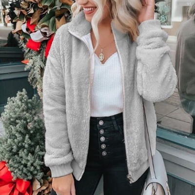 

Women Solid Color High Collar Long Sleeve Zipper Casual Warm Winter Autumn Loose Plush Coat Tops