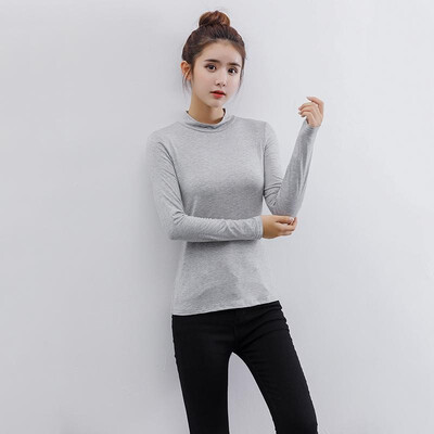 

Fashion Women Autumn Solid Color T-Shirt Half Collar Long Sleeve Thin Elastic Slim Bottoming Top