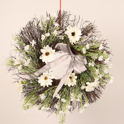 

Rattan Artificial Flower Garland With Ribbon Bow Handmade Vintage Front Door Wreath For Home Wedding Party Holiday Decoration